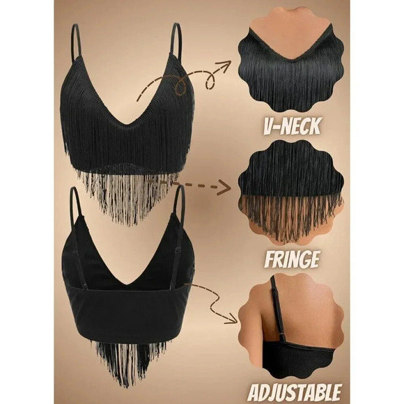 Women Tassel Tank Concert Outfits Festival Clothes  Rave V-Neck Sleeveless Shirt - Picture 2 of 6